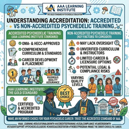 Student comparing accredited and non-accredited psychedelic training program information